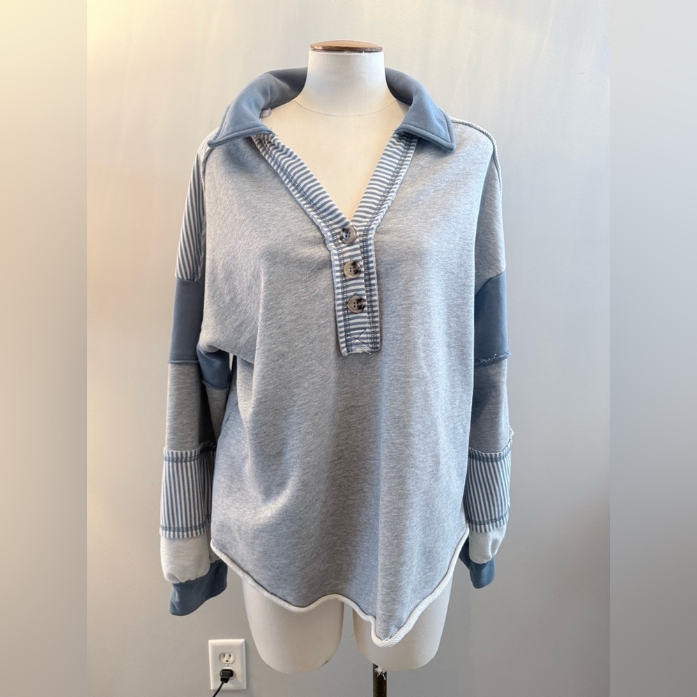 Effortless style Blue and Gray patchwork Button-Up Pullover
